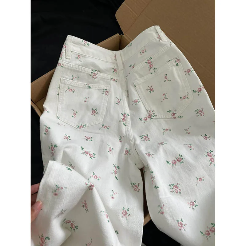 Pantalones vaqueros rectos con flores rotas para mujer, pantalones finos sueltos de cintura alta, pantalones de pierna ancha informales, pantalones vaqueros de cintura alta para primavera y verano