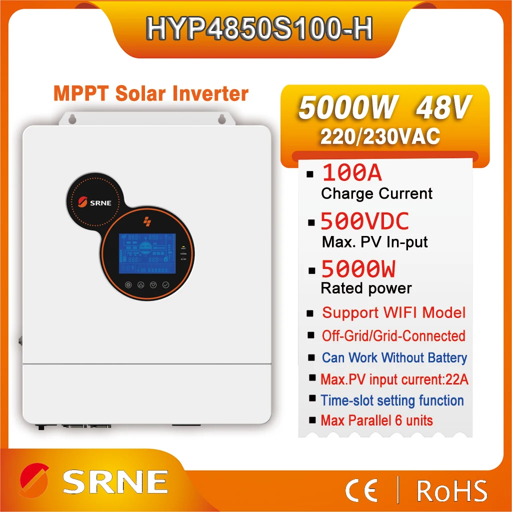 

SRNE 5000W 48V 230V PV Max Input 500VDC Solar Hybrid Inverter Pure Sine Wave Off-Grid/Grid-Tie Inverter Mppt 100A Charge Current