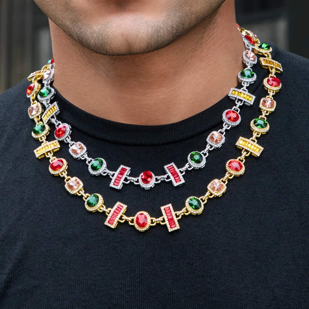 ESKEEM Rainbow Tennis Choker Women Jewelry Iced Out Multi Color Gemstone Necklace Colorful Stone Men Chain