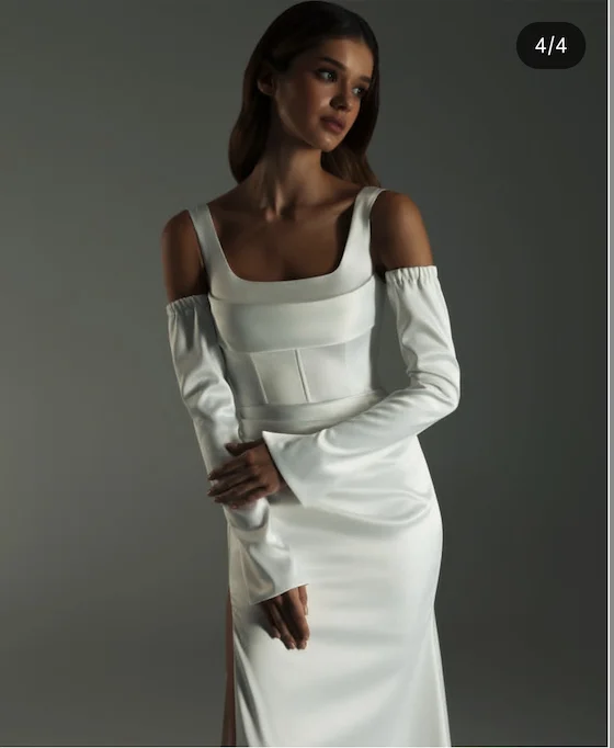 فستان الزفاف تخصيص لتدابير 2026 الجانب الشق السباغيتي حزام حورية البحر الساتان أنيقة مطوي كم طويل زي العرائس المدنية #4