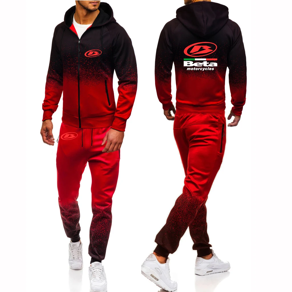 2023 Man's New Autumn Beta Racing Motocross Motorcycle Logo Print Gradient Color Hooded Sweatshirt+Sport Drawstring Trousers Set