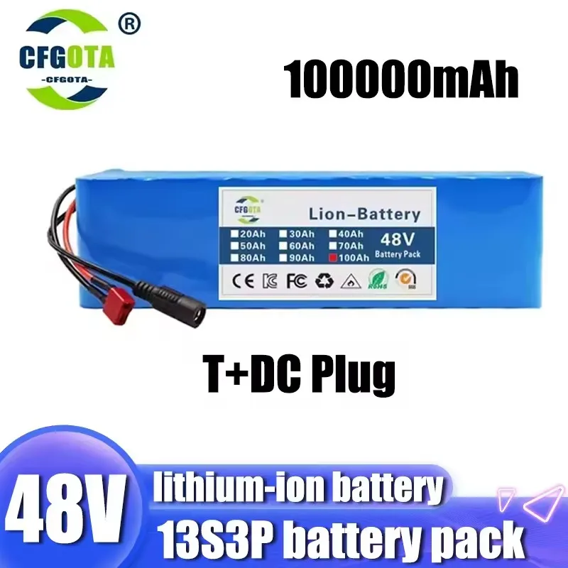 New 48V 100Ah 500W 750W 1000W 2000W 13S3P DC/T Lithium Ion Battery Pack Suitable for 48V motors with BMS+54.6V Charger