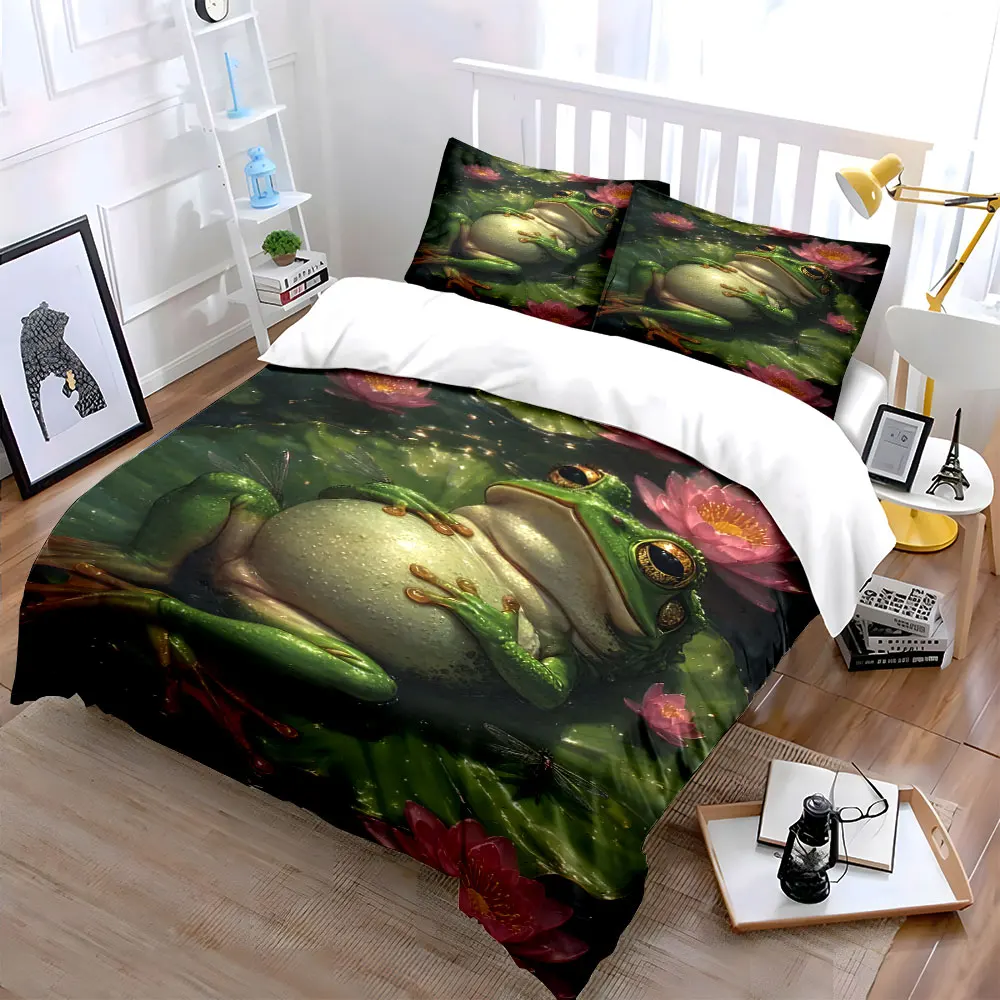 Relaxed frog on lily pad with flowers Print Bedding Set 1Duvet Cover 2Pillowcases for Adult and Children Luxury Gift Full Size
