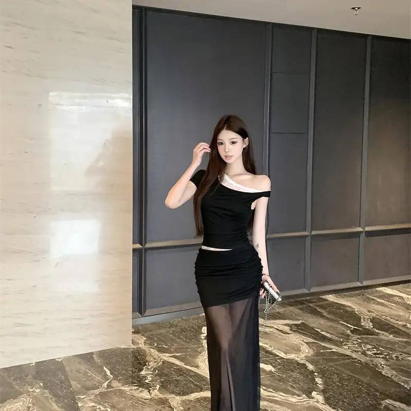 

Woman Elegant Skew Collar Pleated Mesh Splice Maxi Skirt Two Piece Set Off Shoulder Sexy Party Slim High Waist Skirts Outfits