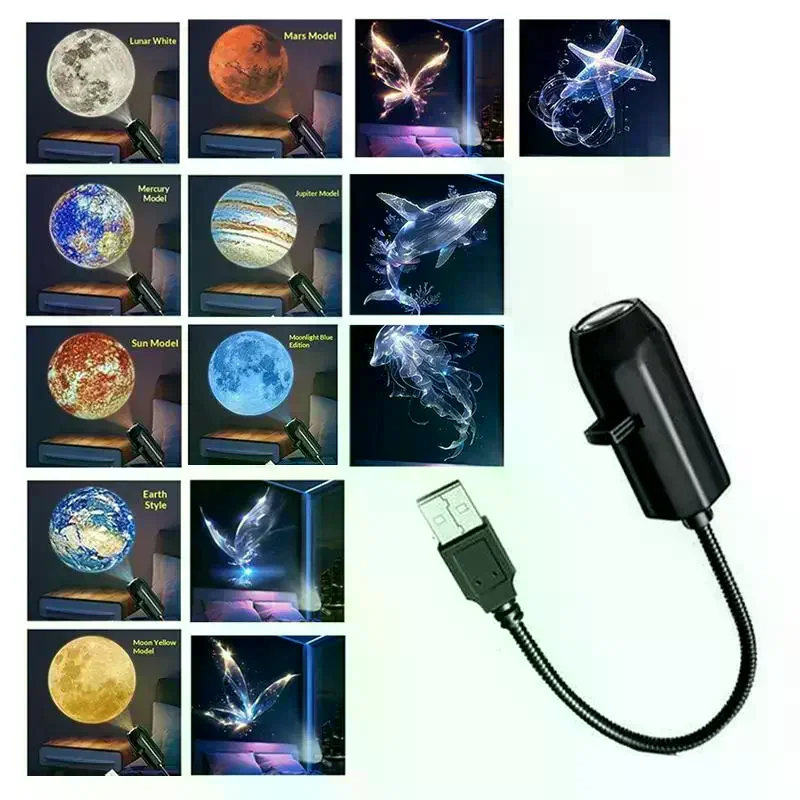 Bedroom Decor LED USB Projector Light 6/9pcs  Projection Patterns Planet Butterfly Night Lighting