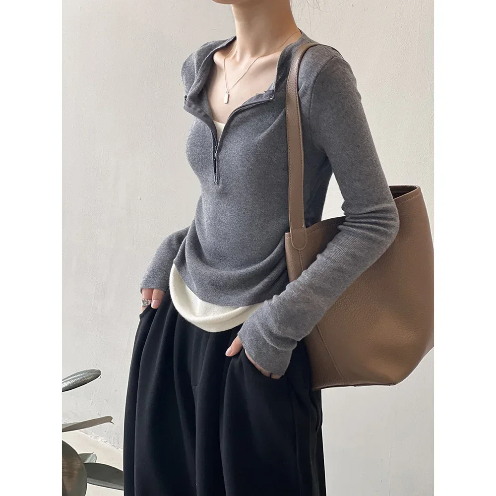 Fake two-piece half-zip pullover T-shirt for women 2024 autumn design bottoming sweater top