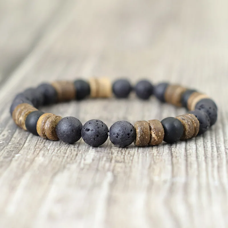 New Handmade Natural Wooden Bracelet For Men 8mm Tiger Eyes Volcanic Stone Braclet Boyfriend Gift Sanskrit Pulseras Punk Jewelry