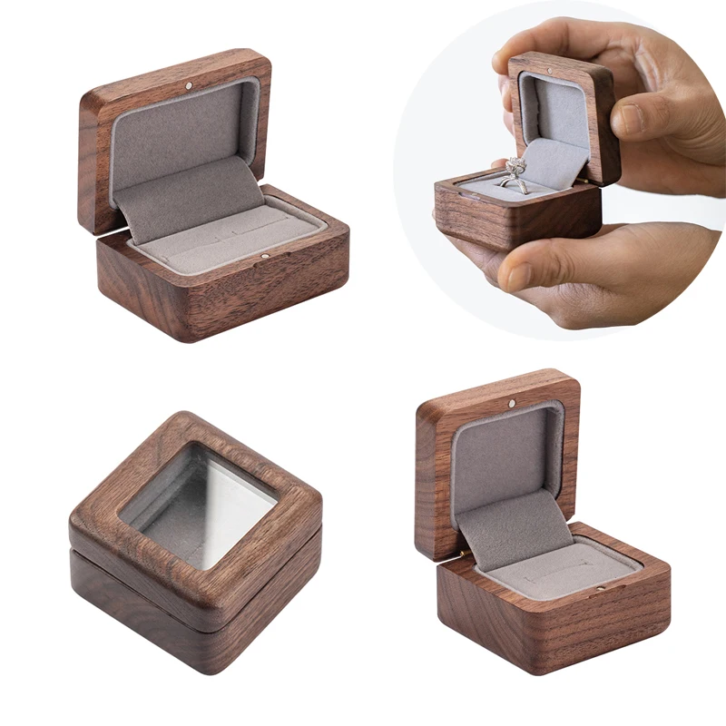 

Personalized Wooden Ring Box Walnut Wood Engagement Jewelry Holder Single Double Slot Square Retro Case For Wedding Ceremony