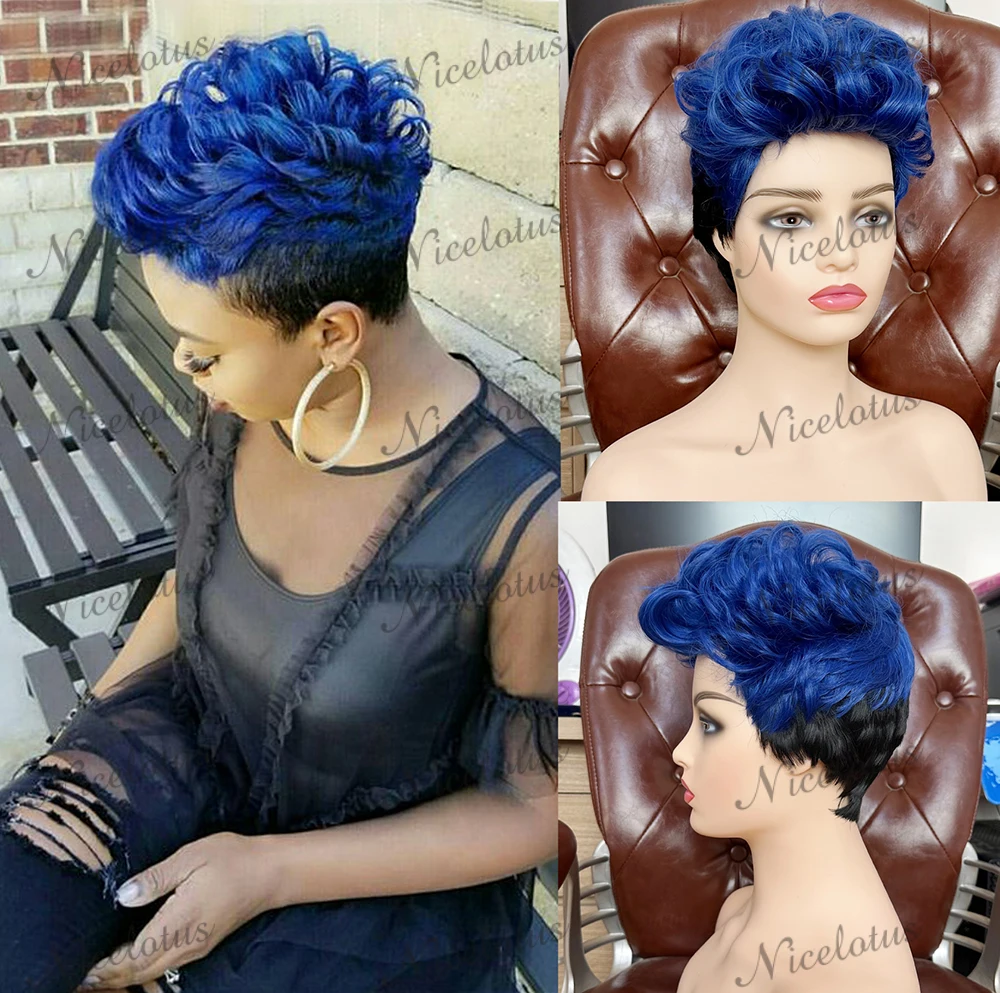 Nicelatus Synthetic Wigs for Black Women Short Black Wigs with Blue Wavy Bangs Short Wig Nice Wig Cheap Wigs for Black Women