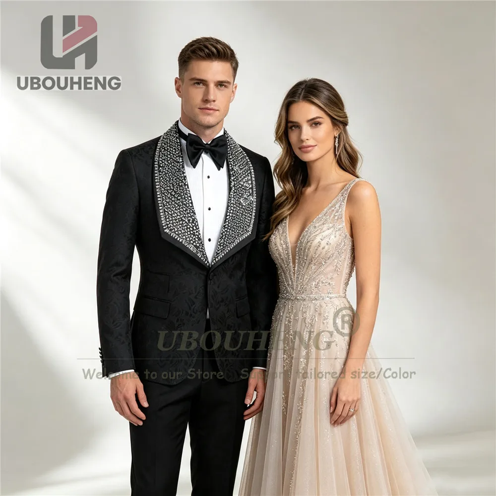 Handmade Men's Suit 2 Piece Set Beaded Stones Lapel Shawl Lapel Jacquard Jacket Pants Slim Fit Groom Wedding Tuxedo Customized