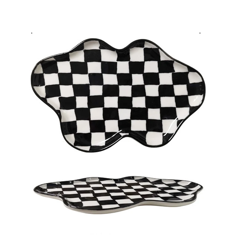 

Ceramic Storage Tray Black and White Lattice Plate Irregular Dinner Plate Creative Checkered Fruit Plate Living Room Decoration