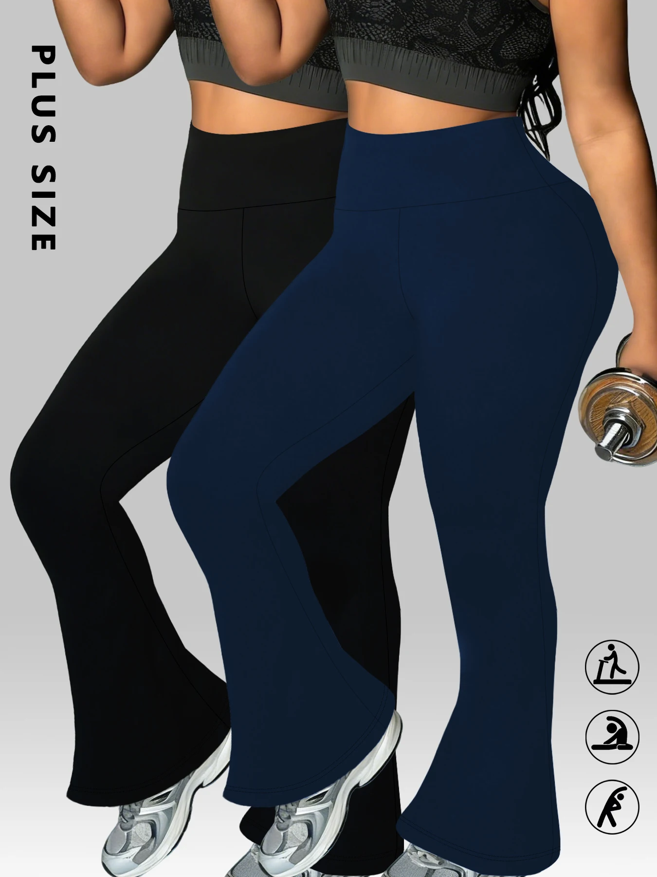 

2 Pack Plus Size Ladies high-rise flared yoga trousers with leg bottom. Perfect for yoga or casual.