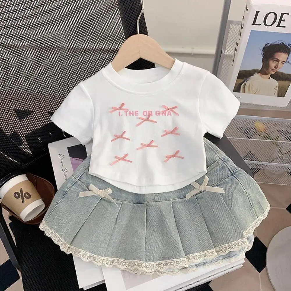 Girls' Denim Lace-Trimmed Multi-Layered Tiered Skirt Korea Bow Princess Skirt Fashion A-Line Skirt Summer Kids Clothes 2-10Year