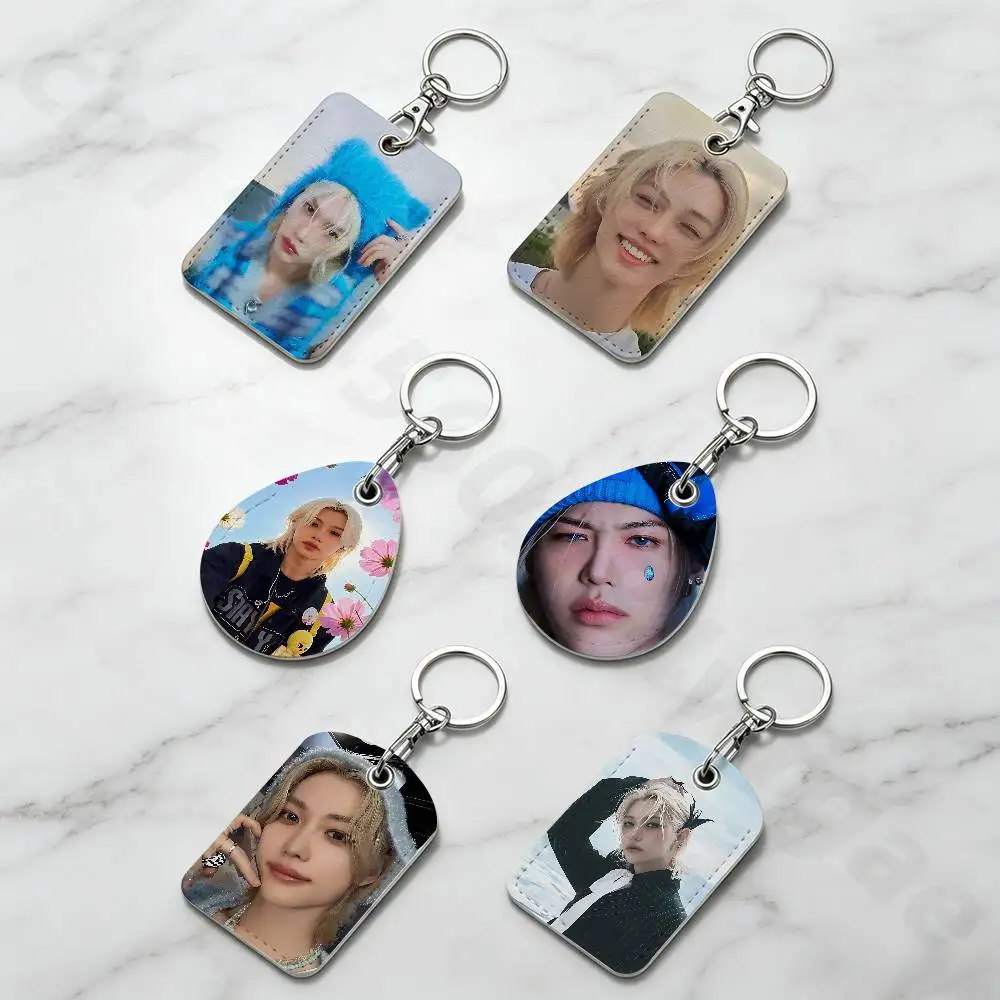 Kpop SKZ F-Felix Rectangle Card Case Keychain Access Card Bag Key Tag Ring Leather Card Holder Key Ring Access