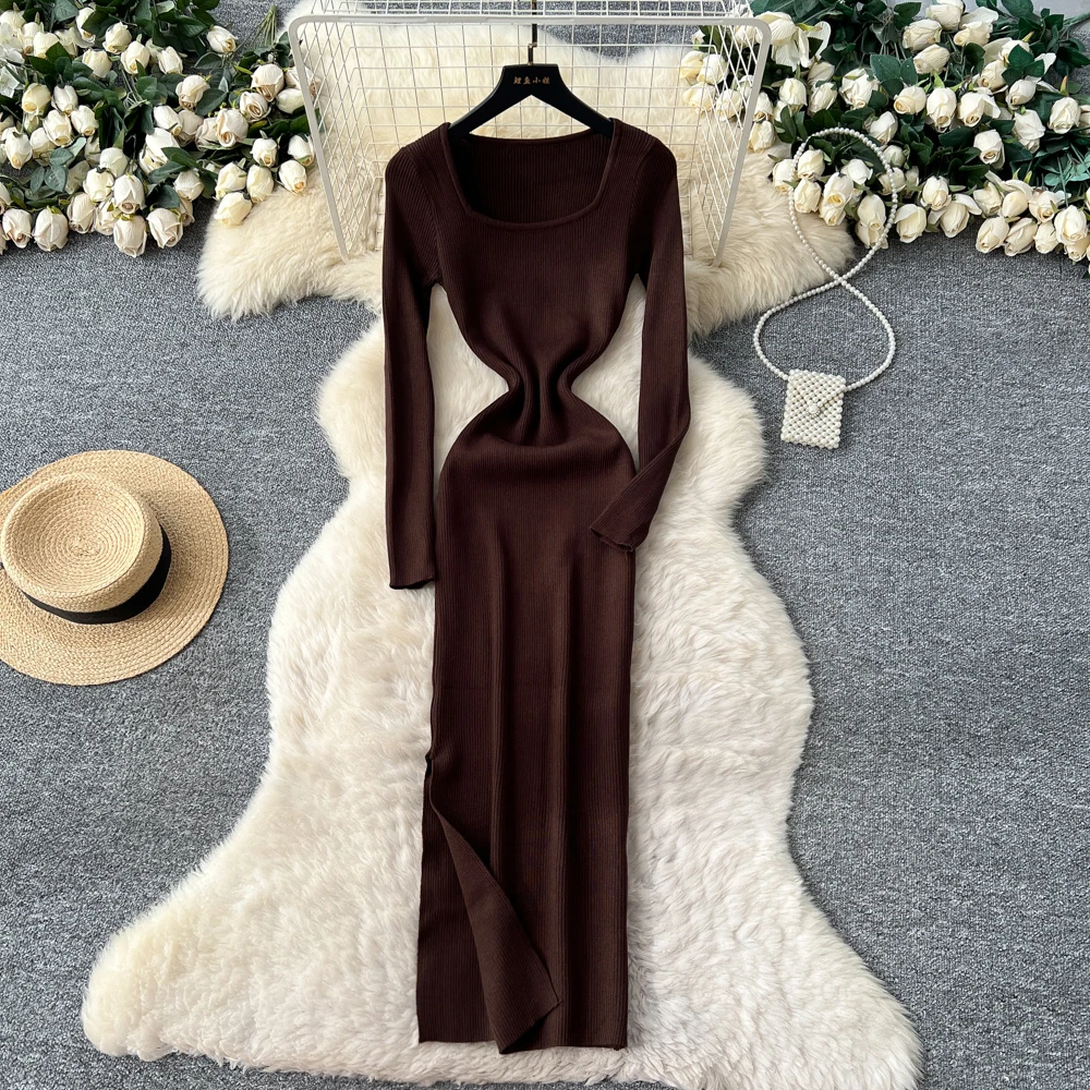حقيقي الخريف الشتاء الجانب سبليت المرأة محبوك التفاف فساتين الصلبة طويلة الأكمام ساحة طوق أسفل غمد فستان رصاص الإناث