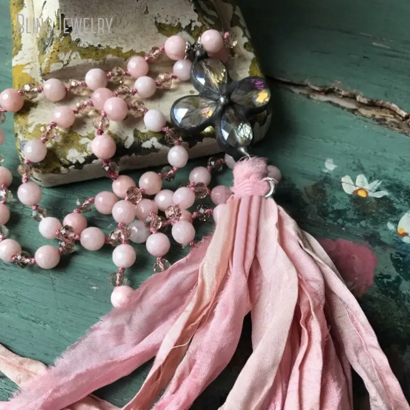 

10pcs Pink Boho Sari Silk Tassel Cross Pendant Necklace October Cancer Awareness Women Accessories Aesthetic Y2k Jewelry