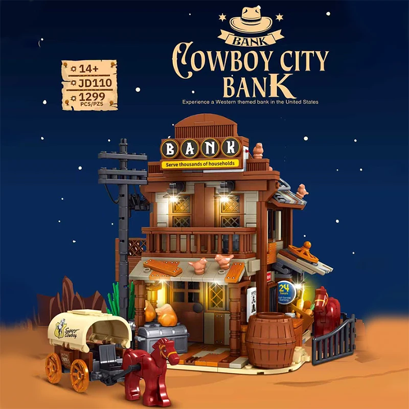 Klemmbausteine Cowboy-Stadtbank mit LED-Modulbauklötzen Amerikanische Western-Stadtansicht Ladenhaus Retro Klassische Architektur Ziegelstein-Modellbausatz Jungen-Spielzeug Erwachsene Kinder DIY