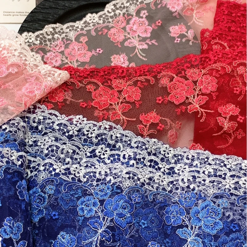 

15Yards Pink Blue Tulle Mesh Embroidery Floral Lace Fabric for Fringed Trim Party Dress Curtain Decor Sewing Supplies