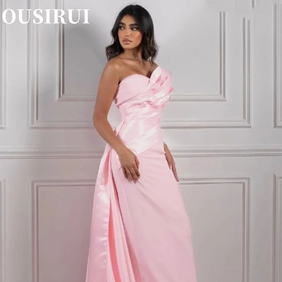 

OUSIRUI Strapless Customize Formal Occasion Prom Dress Evening Party Gowns Elegant Vintage Sweet Pink Shiny Mermaid Ruffle