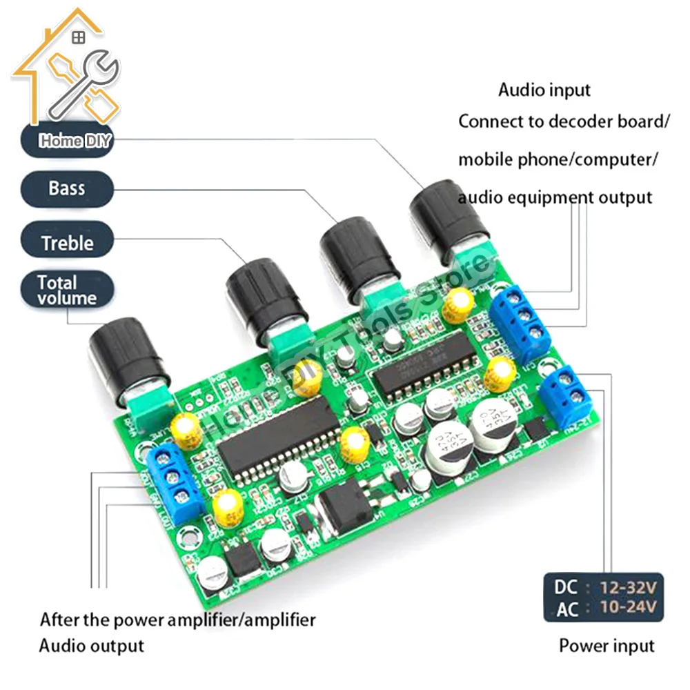 BBE2150 UPC1892T Amplifier Audio Preamplifier Tone Board Balance Treble Bass Preamp with Volume Control EQ Pre-amplifier