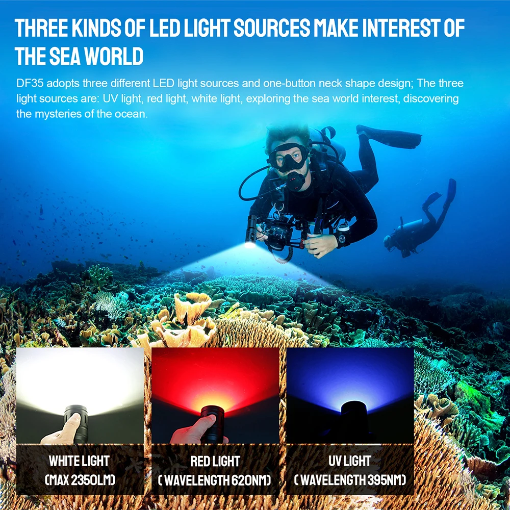 Trustfire DF35 2350 Lumen LED Rechargeable Diving Flashlight Scuba Underwater 70m Waterproof 265M Light Range Photography Video Light