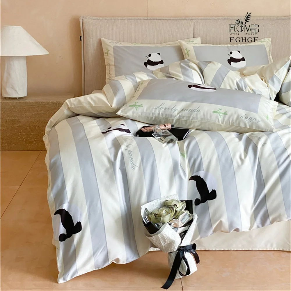 Striped Panda Digital Printing 100 Thread Count Long Staple Cotton Four Piece Cotton Quilt Cover Small Fresh Double Bedding