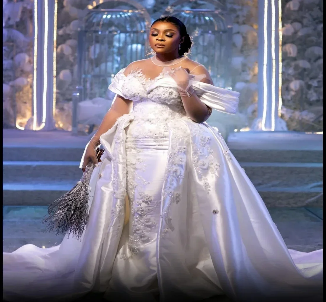 Customized High Shinny Beads 3D Florals Wedding Dress For Bride Long Sleeve African Aso Ebi Detachable Train  Bridal Gowns
