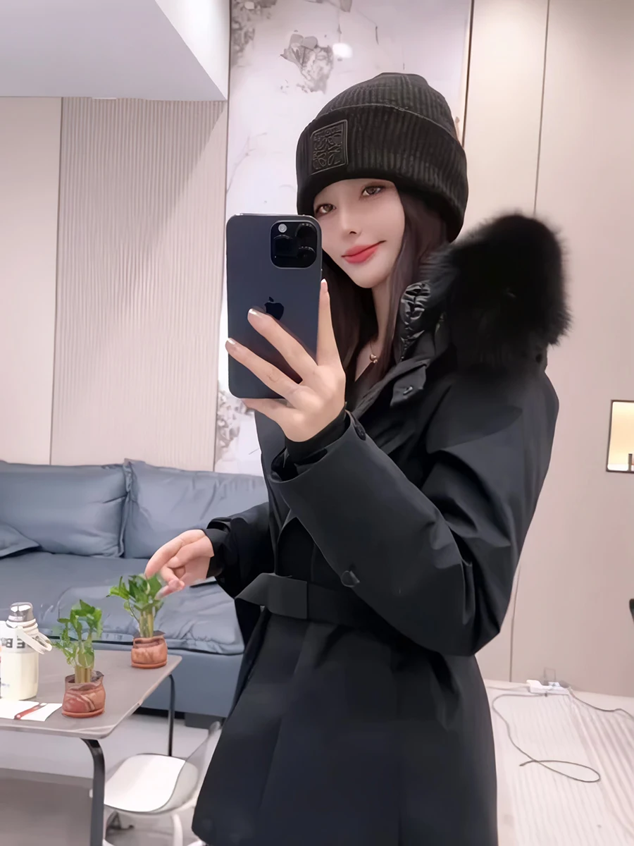 

2024 New Women's Hooded down Jaet White Du Feather Parka Coat Korean Sle Straight Cut Long Sve Zipper Closure