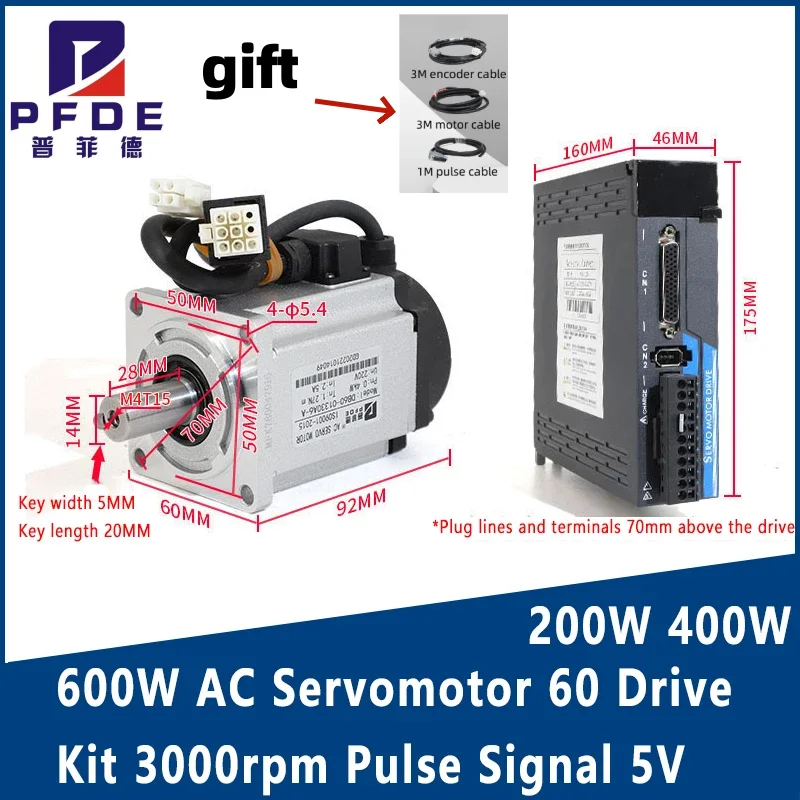 200W 400W 600W AC Servomotor 60 Drive Kit 3000rpm Drive + 17 bit magnetic encoder + 3 meter encoder cable Pulse Signal 5V