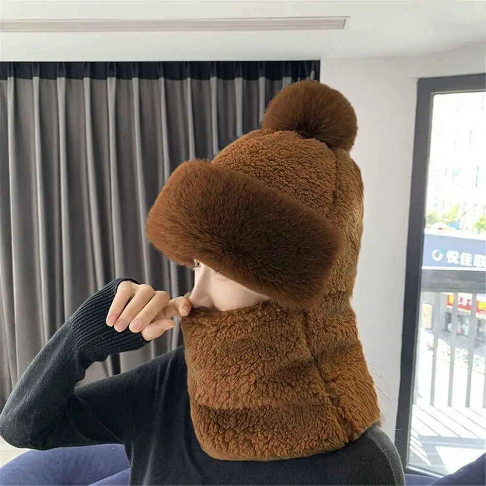 Women Winter Beanie Hats One-Piece Fleece Lined Knit Balaclavas Mask Set Skull Neck Circle Scarf Ski Snow Hat Cap with Pompom view 3