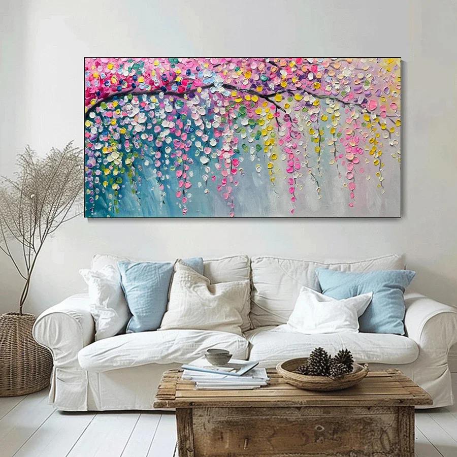 Frameless Canvas Painting Cherry Blossom Canvas Painting, Print Posters Color Flower Landscape Spring Decor, Abstract Textured W