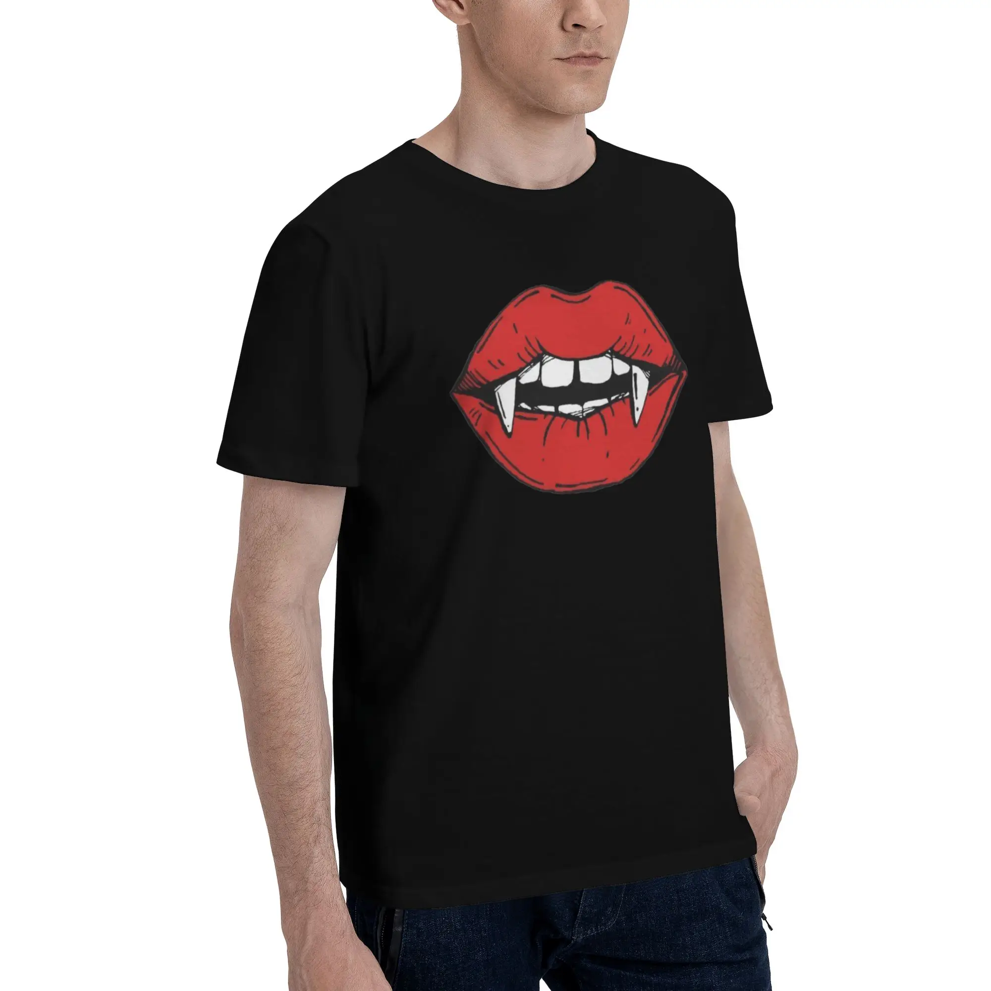 Red Vampire Lips Fangs Cartoon Art Men's T Shirts  Crazy Tees Short Sleeve Round Collar Cotton Graphic Printed Clothing T-Shirt