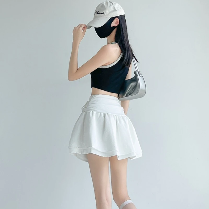 Elastic Waist Bow Tie Skirts Women 2024 Summer New Thin A-line Solid Color Loose Versatile Double Layer Slim Short Skirt Female
