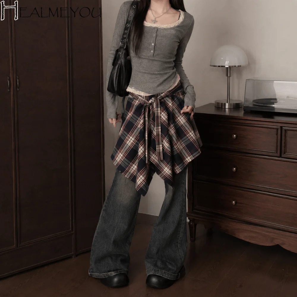 

Half Body Skirt Irregular Plaid Skirt Hip-hop Vintage A-line Shortskirt Lace Up Underskirt Grid Wrap Skirt Street Snap