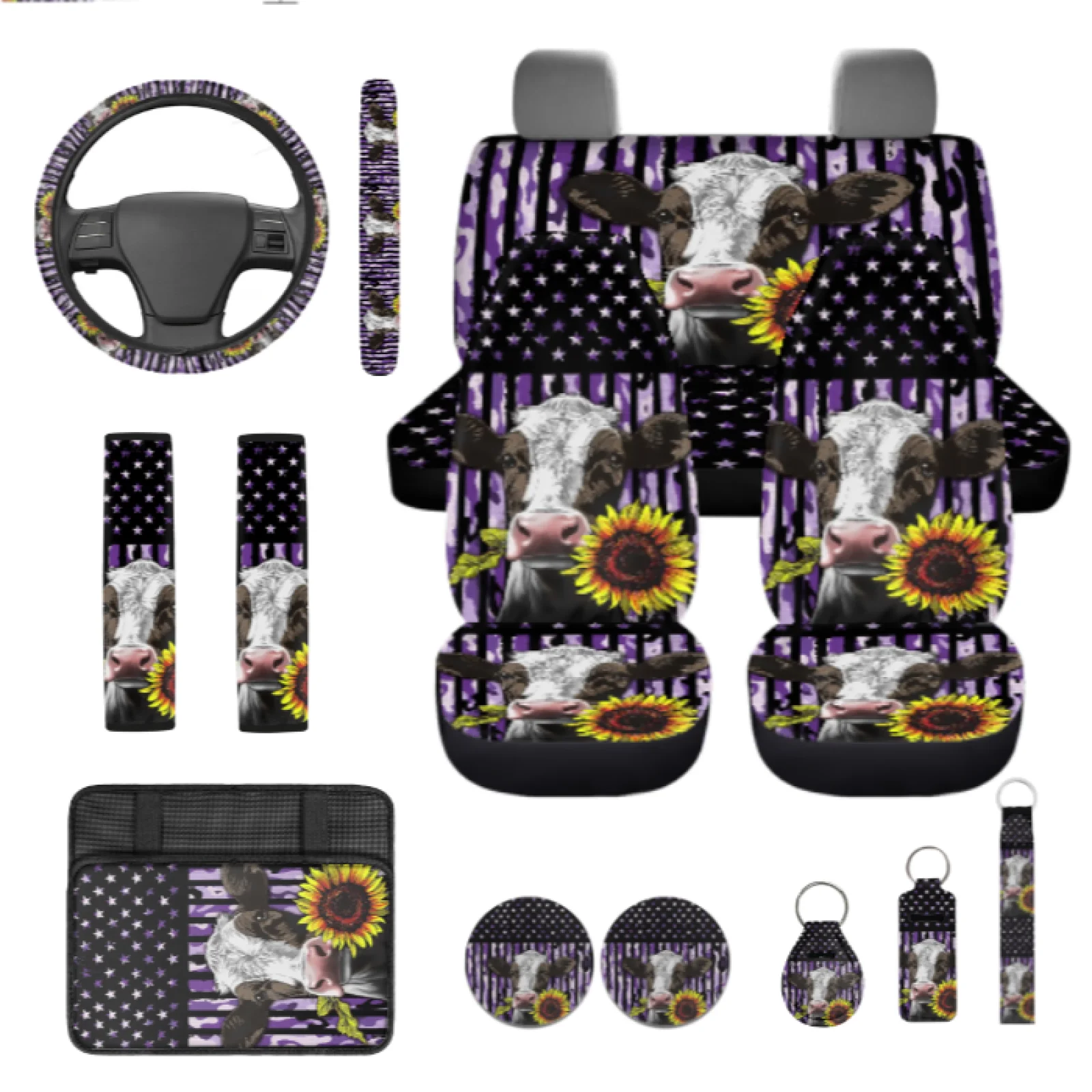 Coloranimal Star Pattern 13 PCS Auto Seat Cover Sets with Elastic Lip Balm Pouch and Seatbelt Strap Pad for Cars