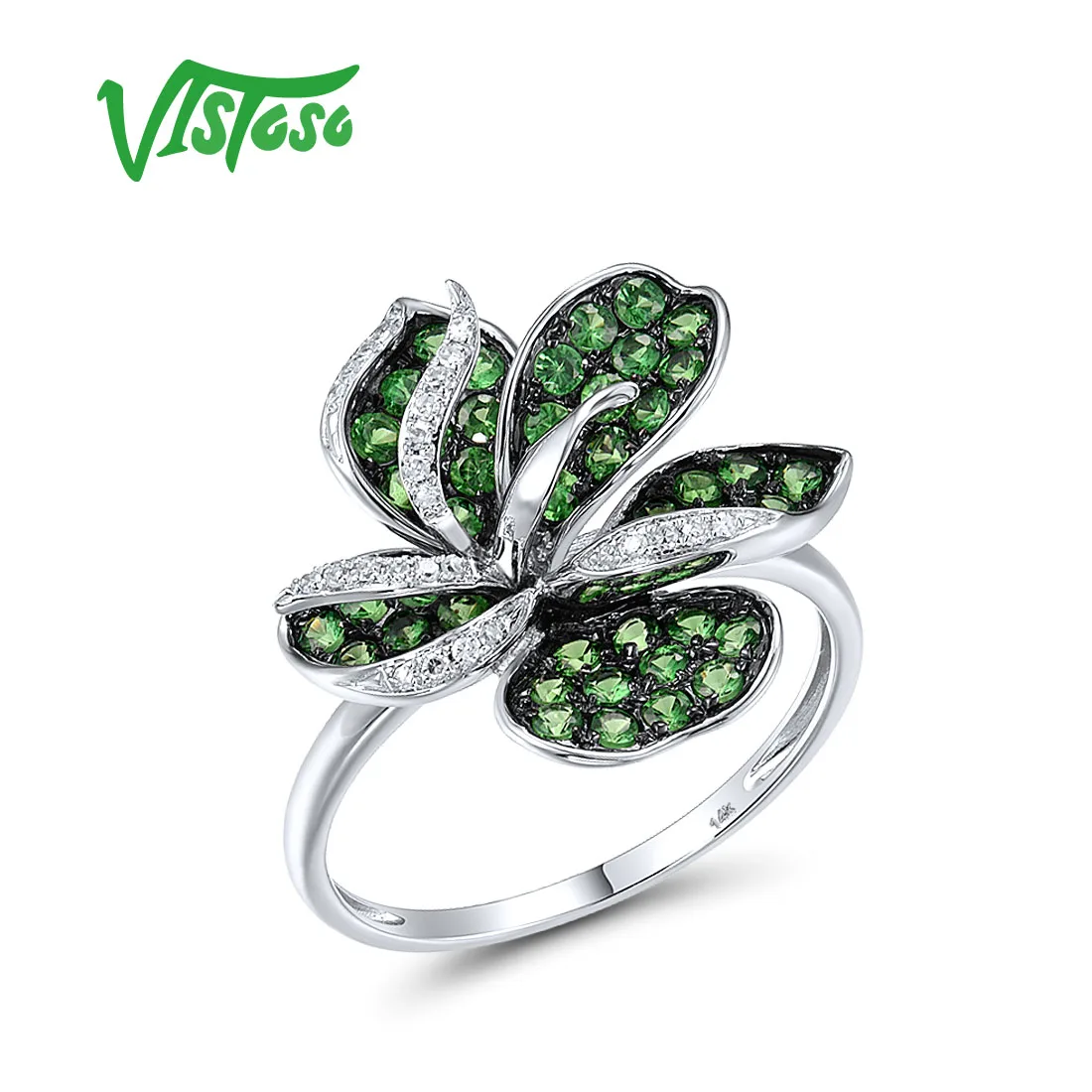 

VISTOSO Pure 14K 585 White Gold Rings For Women Sparkling Green Garnet Diamond Lily Flower Rings Gorgeous Elegant Fine Jewelry