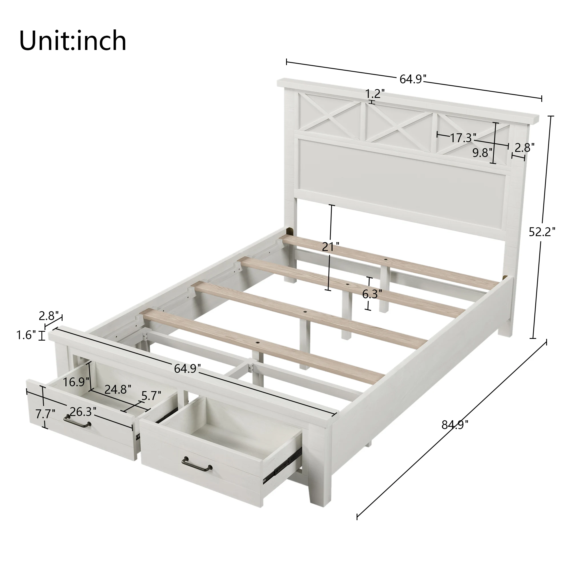 Letto a pannello Queen Storage in stile rustico rustico con due cassetti, bianco