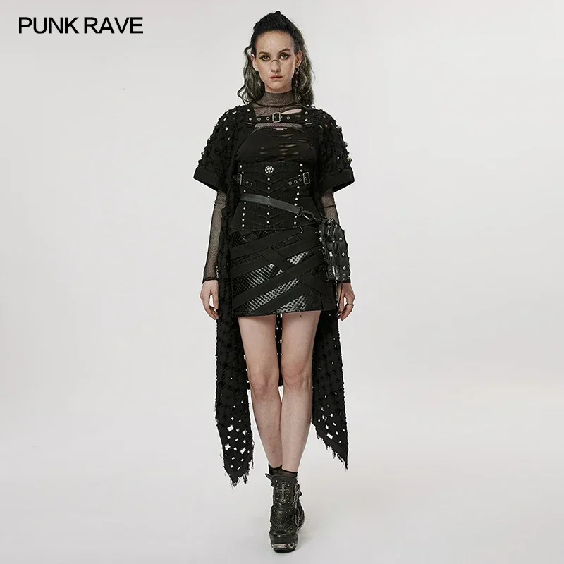 PUNK RAVE Women's Post-apocalyptic Style Jackets Hollow Out Cardigan Decadent Ripped Asymmetrical Hem Long Coats Wrap Clothing