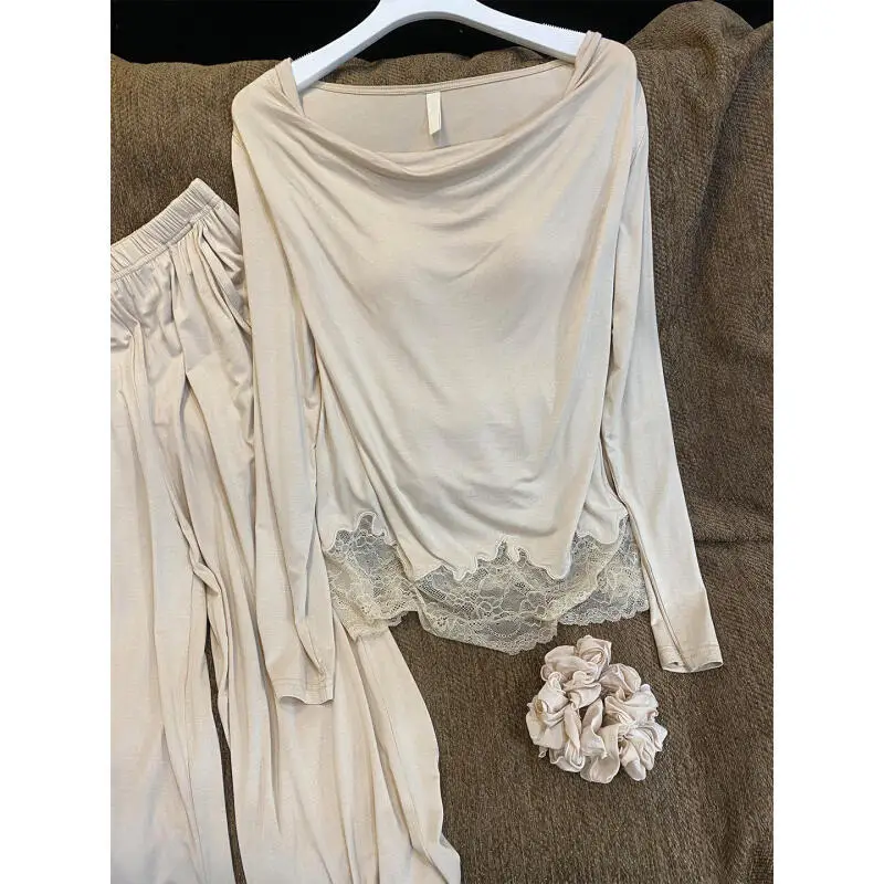 Modal Women Sexy Splice Lace Sleepwear 2 Pcs Shirt&pant Elegant Home Wear Sleepwear Long Sleeve Home Clothes Nightwear