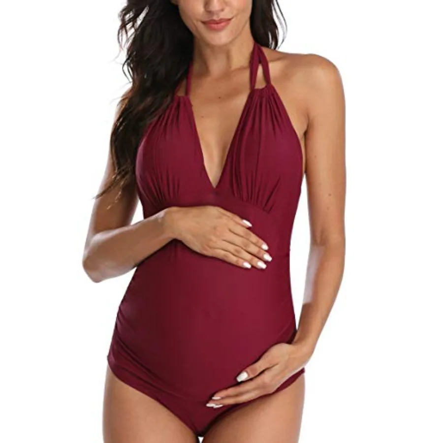 

Maternity Swimsuits One Pcs V-Neck Pregnancy Swimwear Halter Maternity Bikini