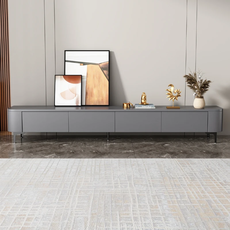 

Solid Wood TV Cabinet Small Apartment Living Room Light Luxury Floor with Legs Stone Plate TV Cabinet