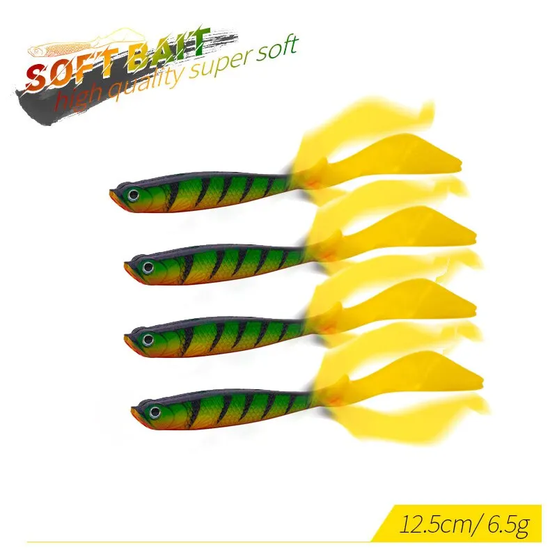 Long Tail 4PC 12.5cm 6.5g Soft Bait Swimbait Artificial Silicone 3D Eye Wobblers Fishing Lures for Carp Pike Trout