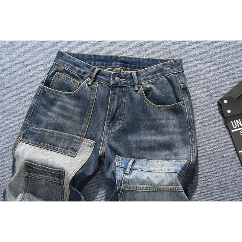 

Autumn fashion brand American retro loose straight leg jeans men's patchwork youth fashion multi pocket street washed pants