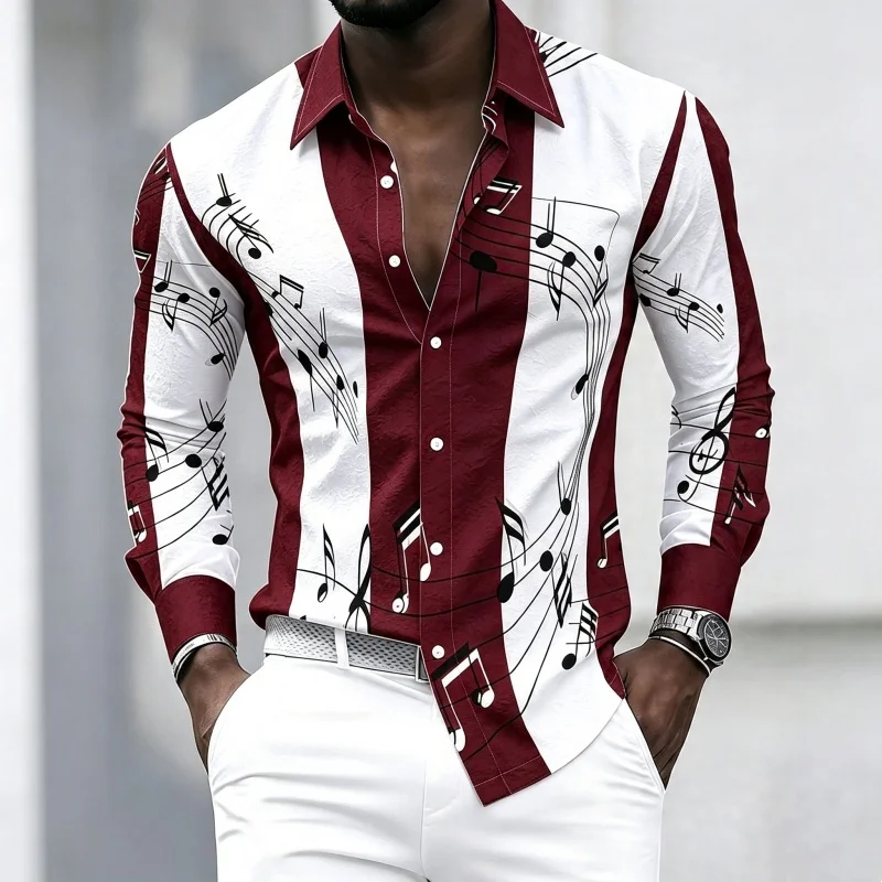 Men's Collared Shirt With Creative Musical Note Print  Trendy long-sleeved Casual Top For Everyday Wear  Dates  And outings.
