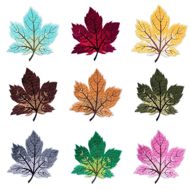 9 Colors Maple Leaf Embroidery Iron on Patches for Clothing Green Yellow Red Foliage Dark Applique DIY Stitch Patterns Wholesale