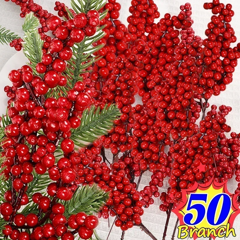 عيد الميلاد الاصطناعي التوت الأحمر فرع النباتات وهمية الزهور هولي بيري السداة إكليل الحلي لشجرة عيد الميلاد ديكور المنزل