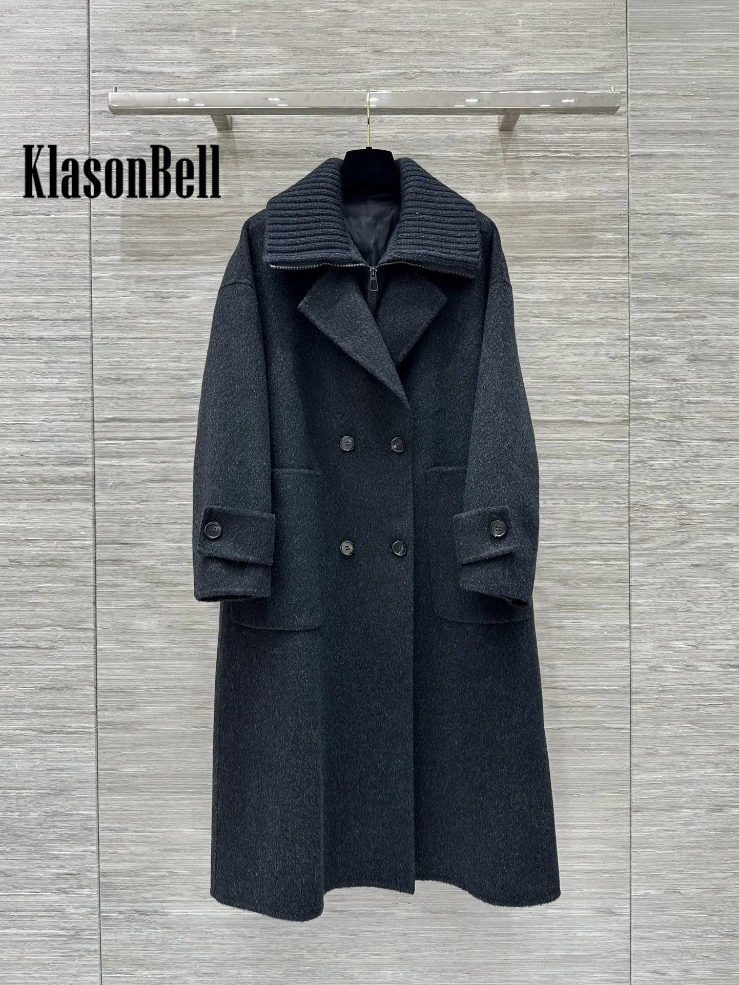 10.7 KlasonBell Women 2024 Autumn Winter Double-Sided Wool Coat + Knit Lapel Spliced Down Vest Set Keep Warm Long Outerwear