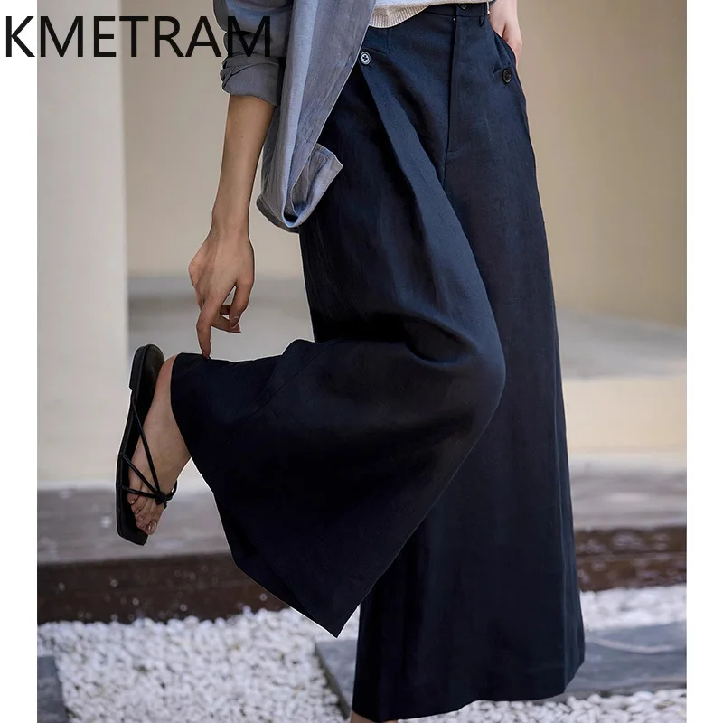 KMETRAM 100% Linen Pants for Woman Casual Summer Baggy Pants Premium Wide Leg Trousers 2026 New Woman Clothing ropa de mujer