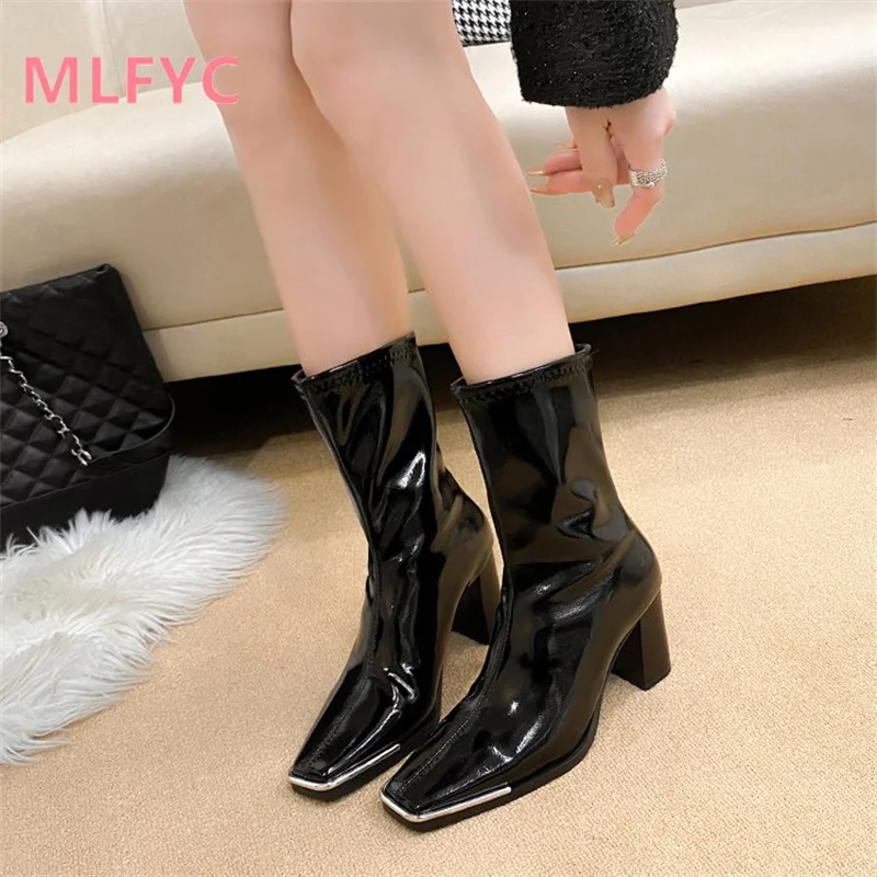 High heeled patent leather mid length boots for women's new square toe fashion boots that look slimmer and taller