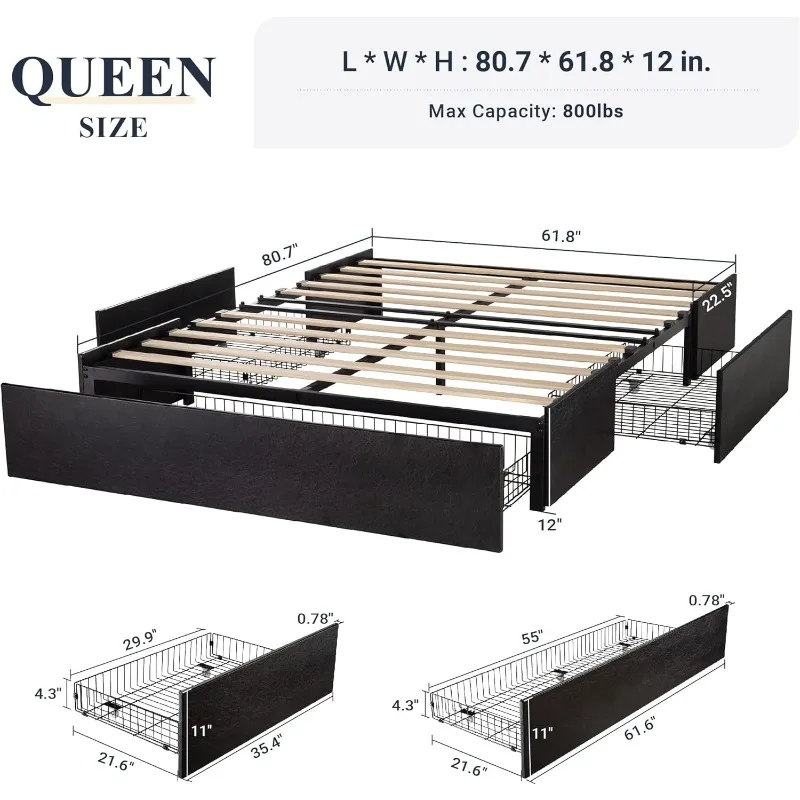 Queen Size Platform Bed Frame with 3 Storage Drawers, Faux Leather Upholstered, Wooden Slats Support, No Box Spring Needed